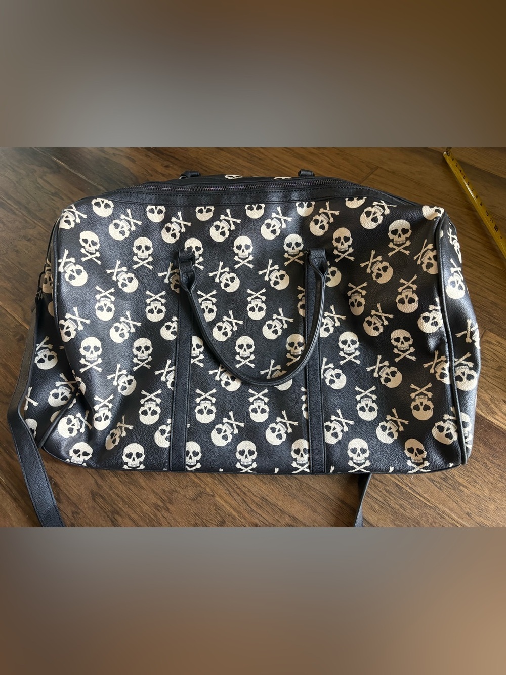 Betsey Johnson Black and Cream Skull-Print Duffel Tote